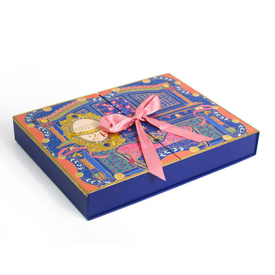 Matt Lamination Custom Gift Box With Ribbon in Pink Blue Gold Stamping Color